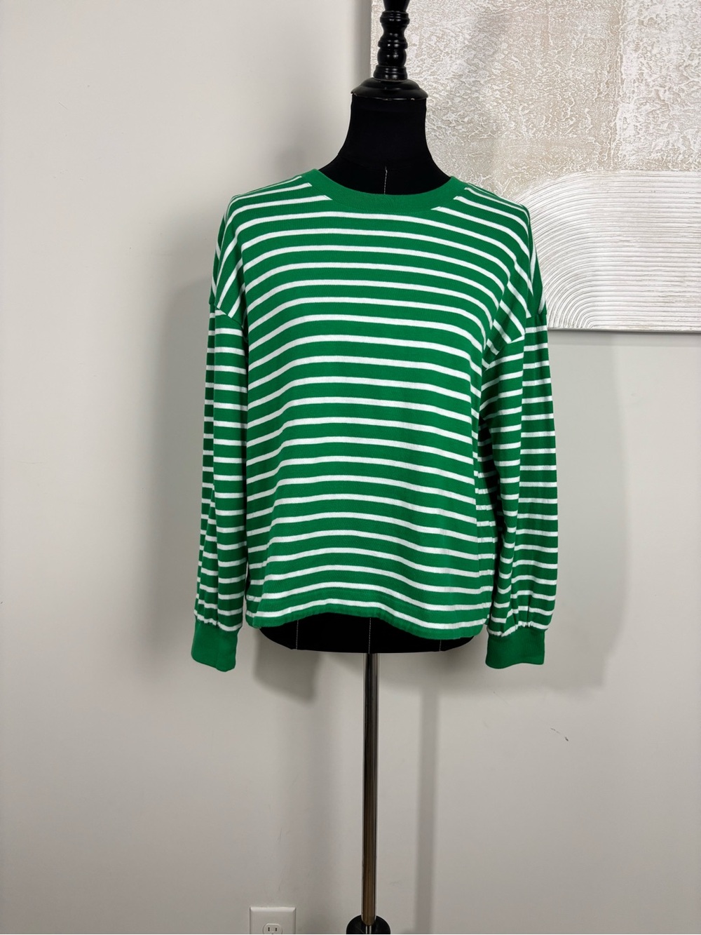 Lands End Women's Large Petite Green & White Preppy Crew Neck Sweater Coastal